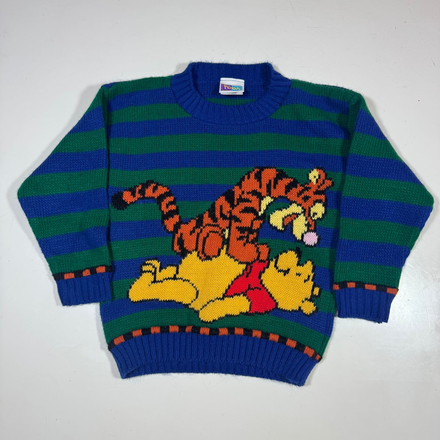 90s Kids Toddler Vintage Disney Pooh and Tiger Striped Green/Blue Knit Pullover Sweater Made in USA 3T