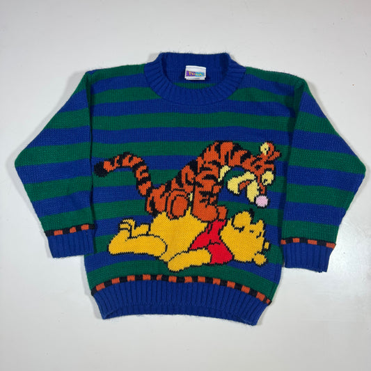 90s Kids Toddler Vintage Disney Pooh and Tiger Striped Green/Blue Knit Pullover Sweater Made in USA 3T