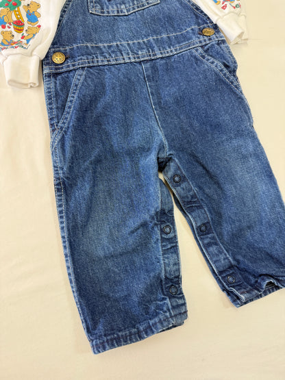 90s Kids Infant Baby Vintage Oshkosh Bgosh Denim Overall and Bears Print Longsleeve Polo Top 2pc Set / 3m 6m 9m / Made in USA