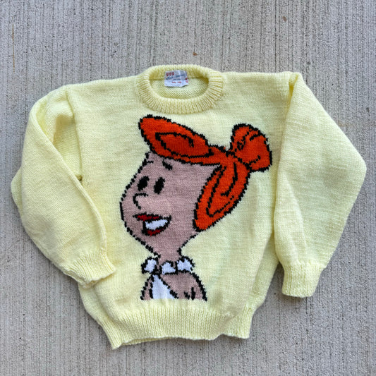 Kids Vintage Child Light Yellow Big Elma Flinstone Character Hand Made Knit Sweater 6Y 7Y 8Y Tiny Adult