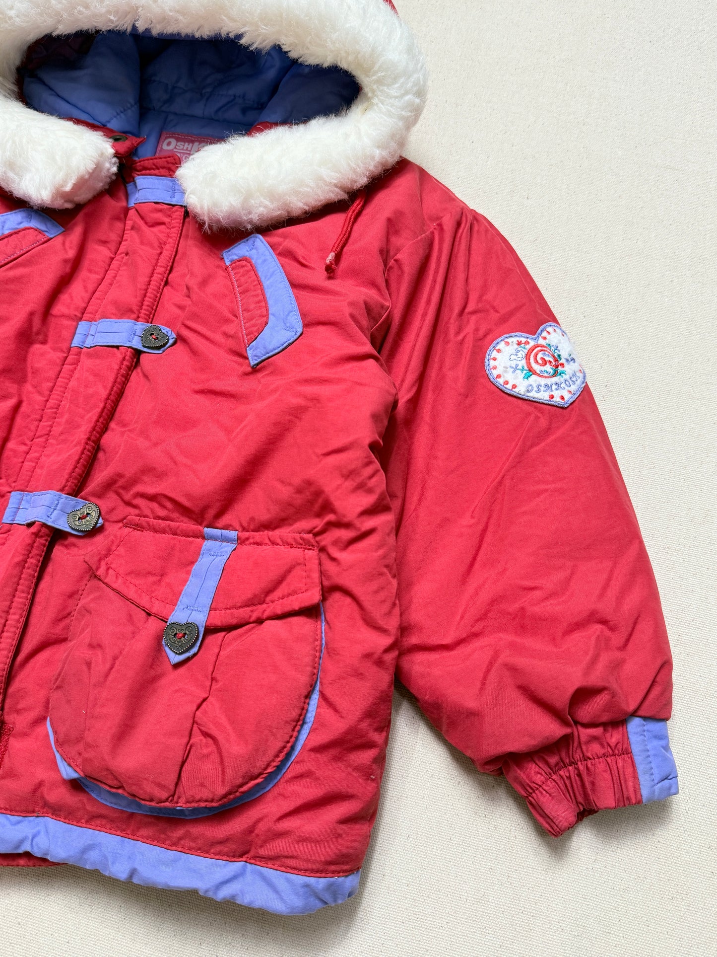 90s 2000' Kids Toddler Vintage Oshkosh Bgosh Heart Buttons Removable Hood Boa Down Jacket / 4T 5T 6y