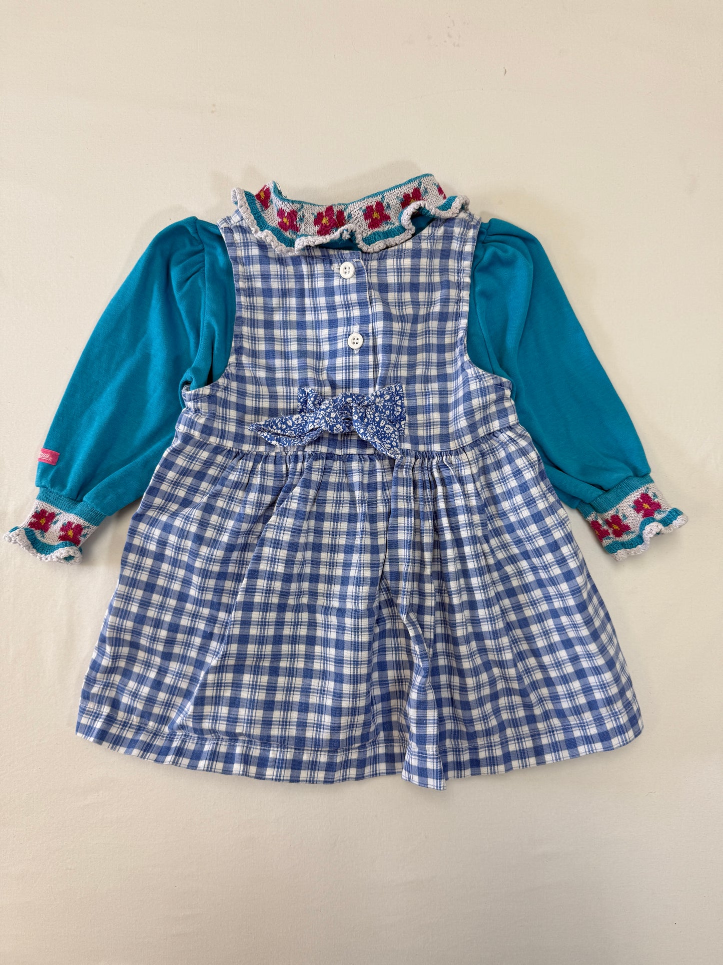 90s Y2K Kids Toddler Infant Vintage Oshkosh Bgosh Blue Check Dress and Puff Sleeve Floral Print Longsleeve Top 2pc Set / 12m 18m 24m / Made in USA dress set