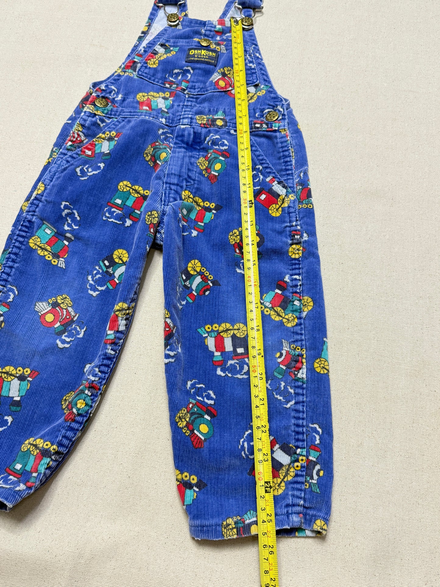 90s Kids Toddler Vintage Oshkosh Bgosh Train Pattern Blue Corduroy Overall / 2T 3T