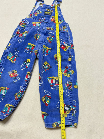 90s Kids Toddler Vintage Oshkosh Bgosh Train Pattern Blue Corduroy Overall / 2T 3T