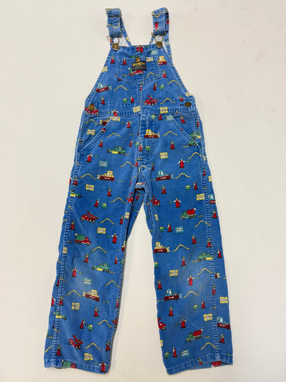90s Kids Toddler Vintage Oshkosh Bgosh Construction Trucks AOP Blue Corduroy Overall / 5T 6y
