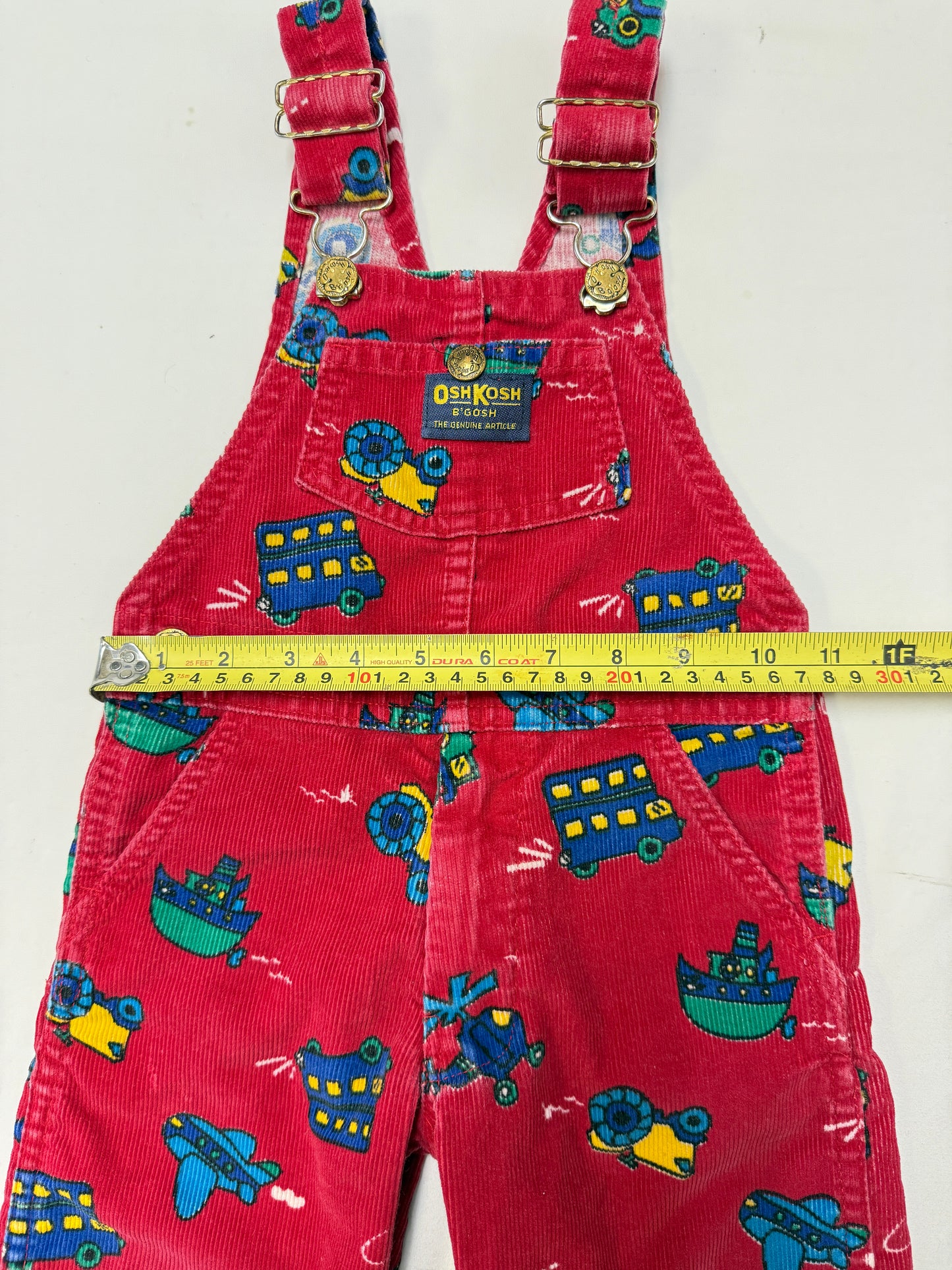 90s Kids Toddler Vintage Oshkosh Bgosh Red Cordury Plane Helicopter Tractor Bus AOP Cotton Overall / 2T/ Made in Canada