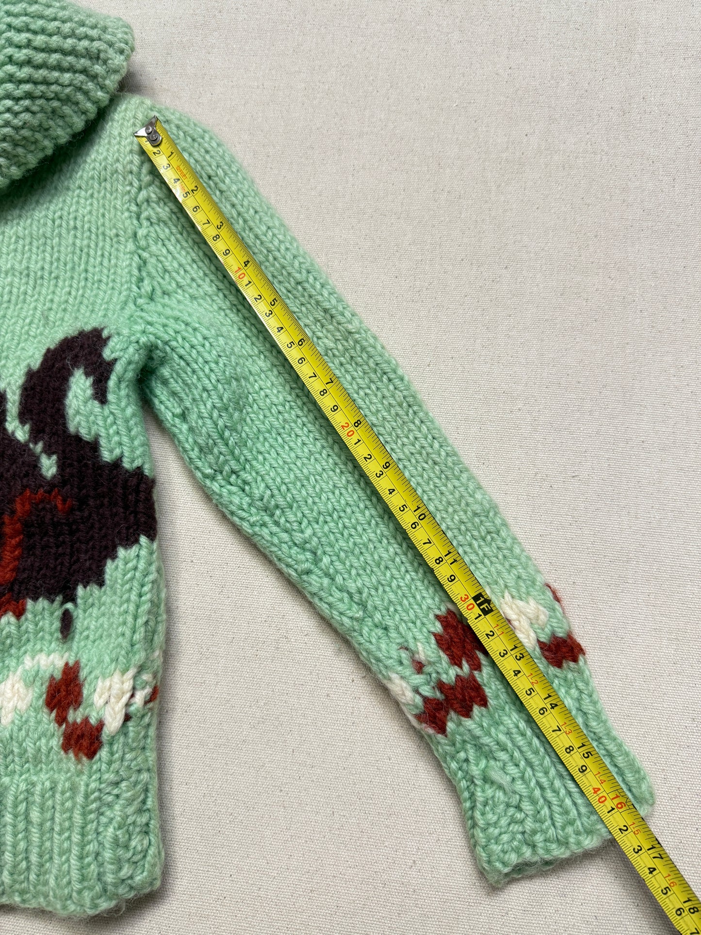 50s 60s Kids Toddler Vintage Mint Green Squirrel Lightning Zipper Cowichan Sweater / 3T 4T 5T