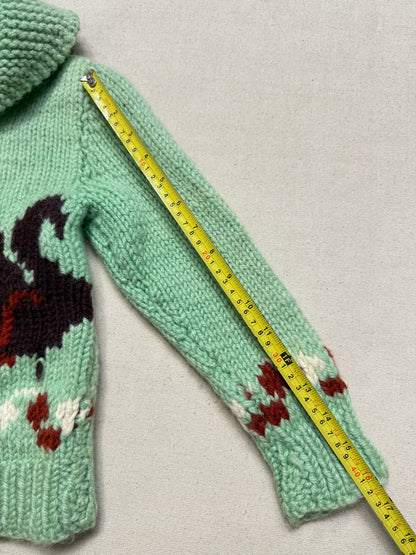 50s 60s Kids Toddler Vintage Mint Green Squirrel Lightning Zipper Cowichan Sweater / 3T 4T 5T
