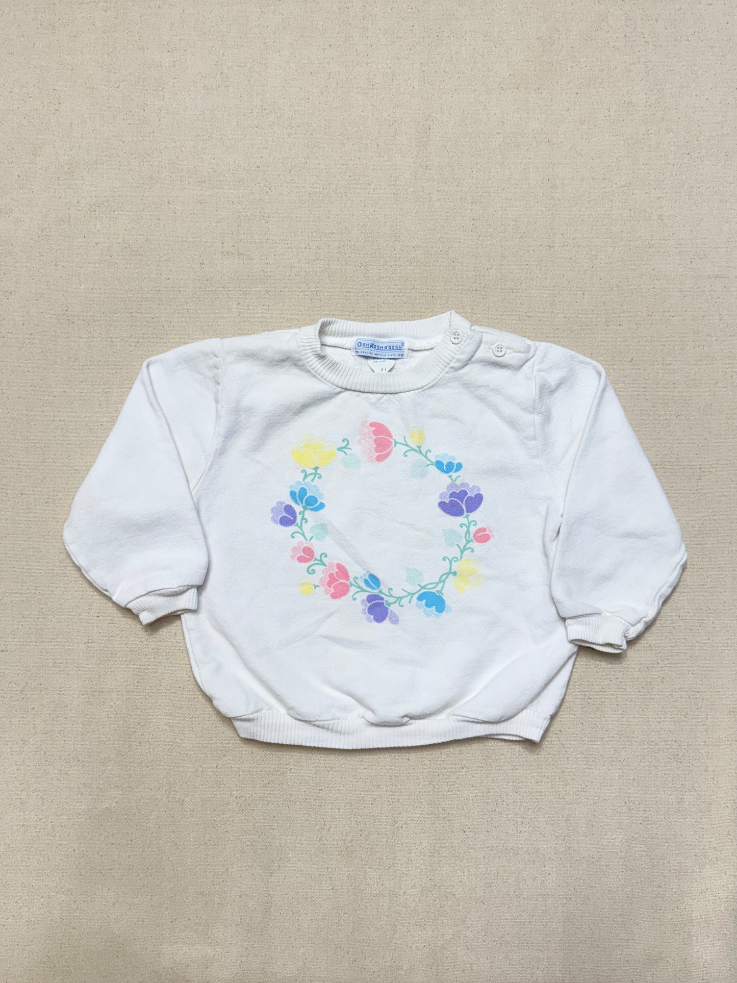 80s 90s Kids Toddler Vintage Oshkosh Bgosh Flawer Print White Longsleeve Cotton Top / 2T 3T / Made in USA