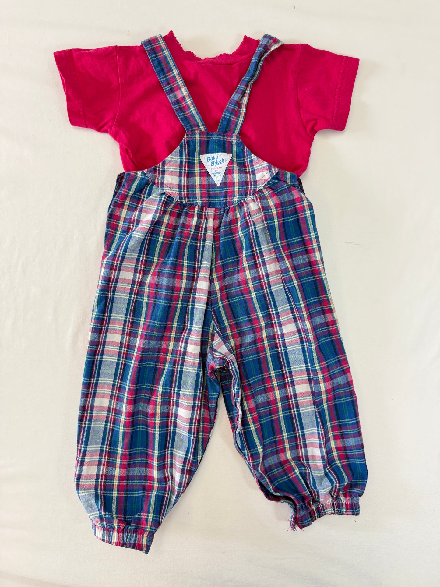 90s Kids Toddler Infant Vintage Baby Bgosh Oshkosh Bgosh Plaid Check Pink Tshirt Overall 2pc Set / 12m 18m 24m / Made in USA