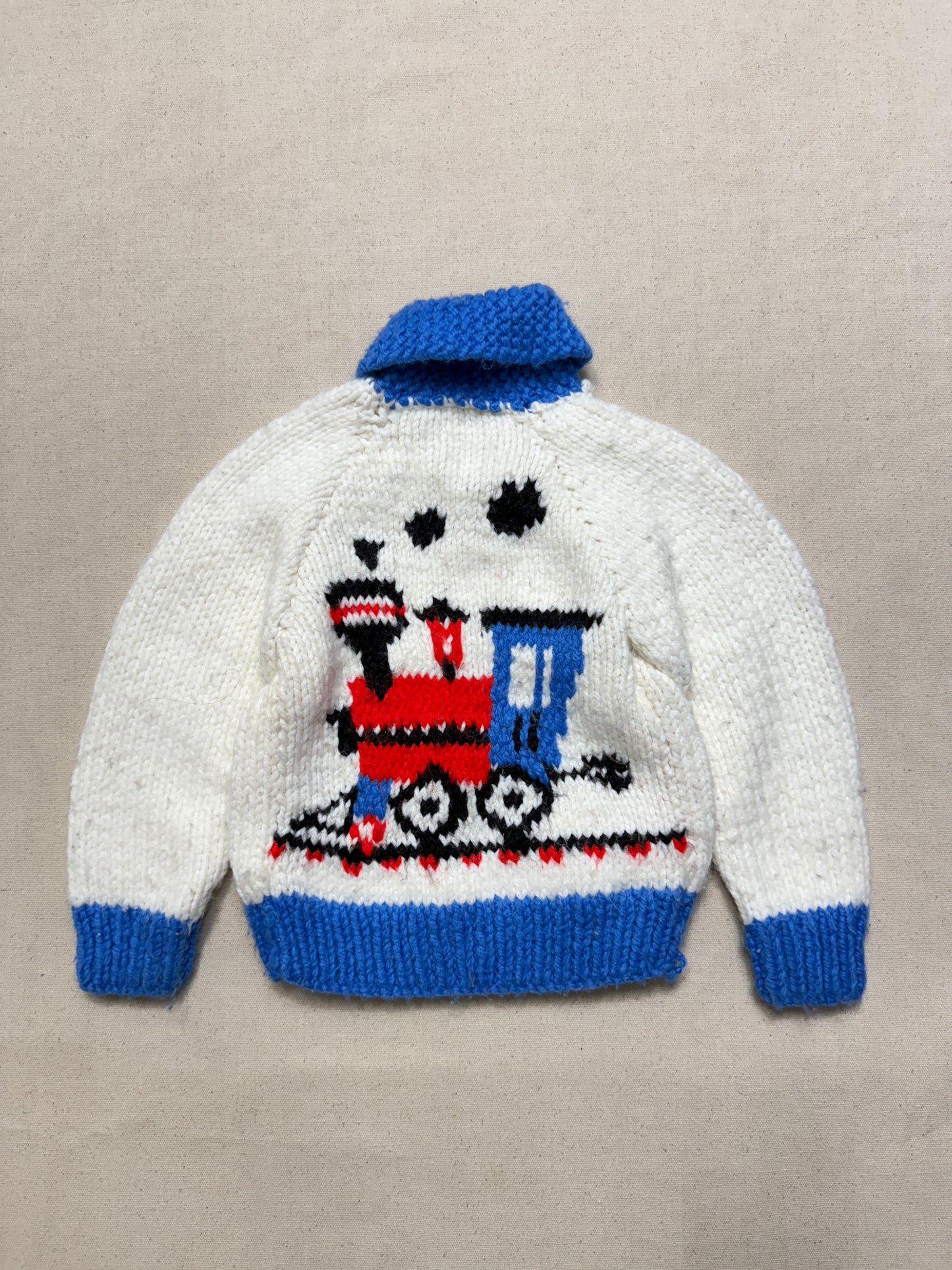 80s Kids Toddler Vintage Locomotive Engine Train Embroidered YKK Zipper Shawl Collar Cowichan Sweater / 2T 3T 4T
