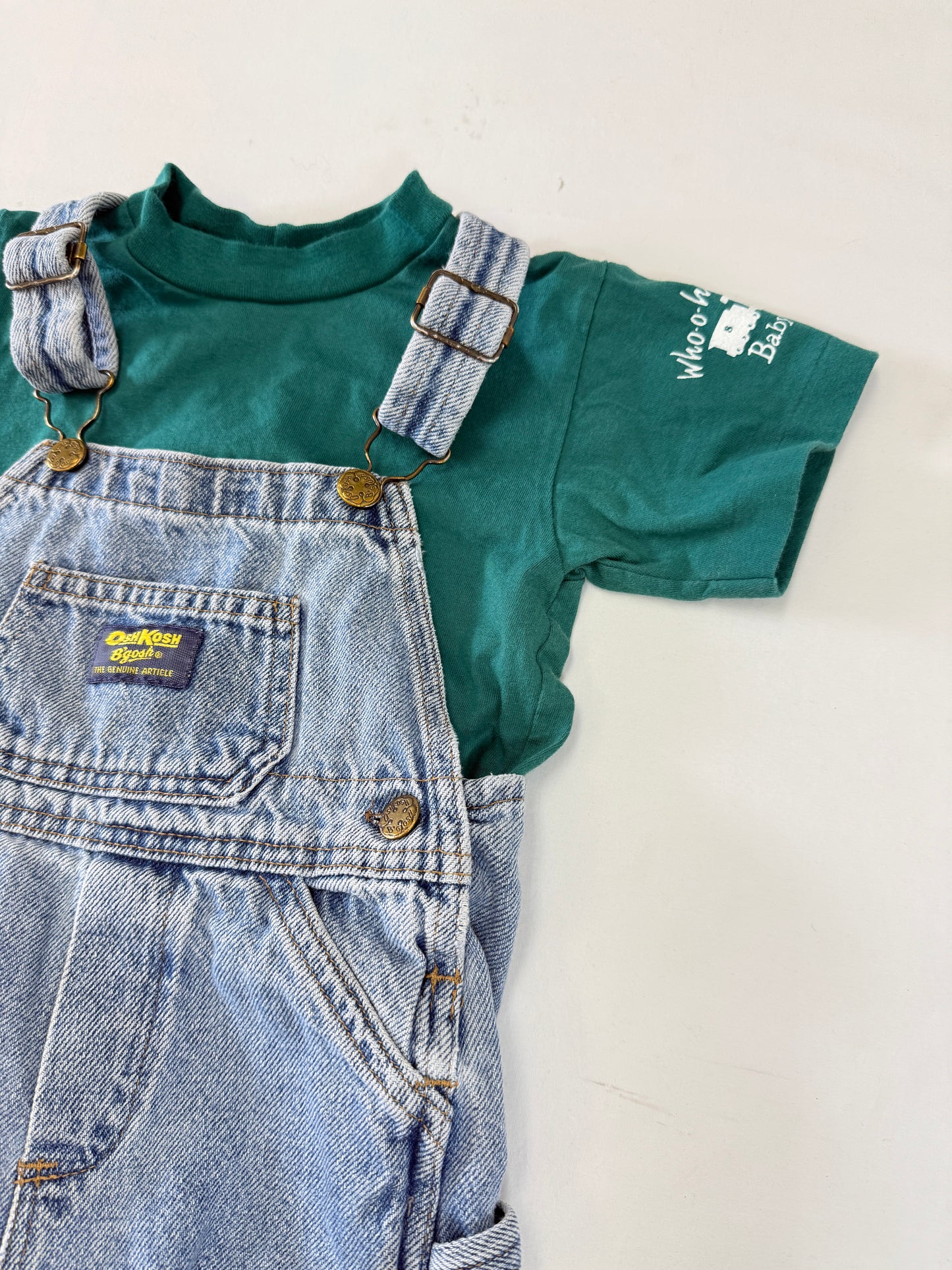 90s Kids Toddler Infant Vintage Oshkosh Bgosh Tshirt and Denim Overall 2pc Set / 12m 18m 24m / Made in USA set