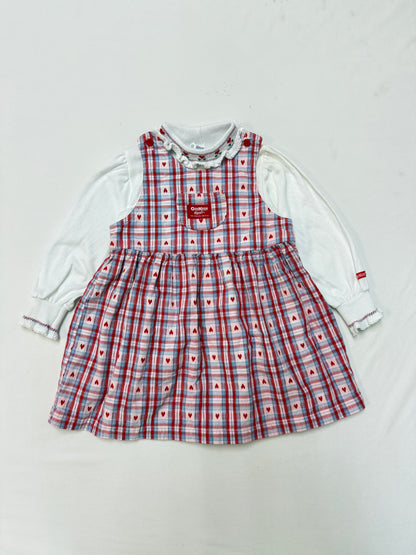 90s Kids Toddler Vintage Oshkosh Bgosh Heart AOP Check Dress and Floral Print Longsleeve Top 2pc Set  set