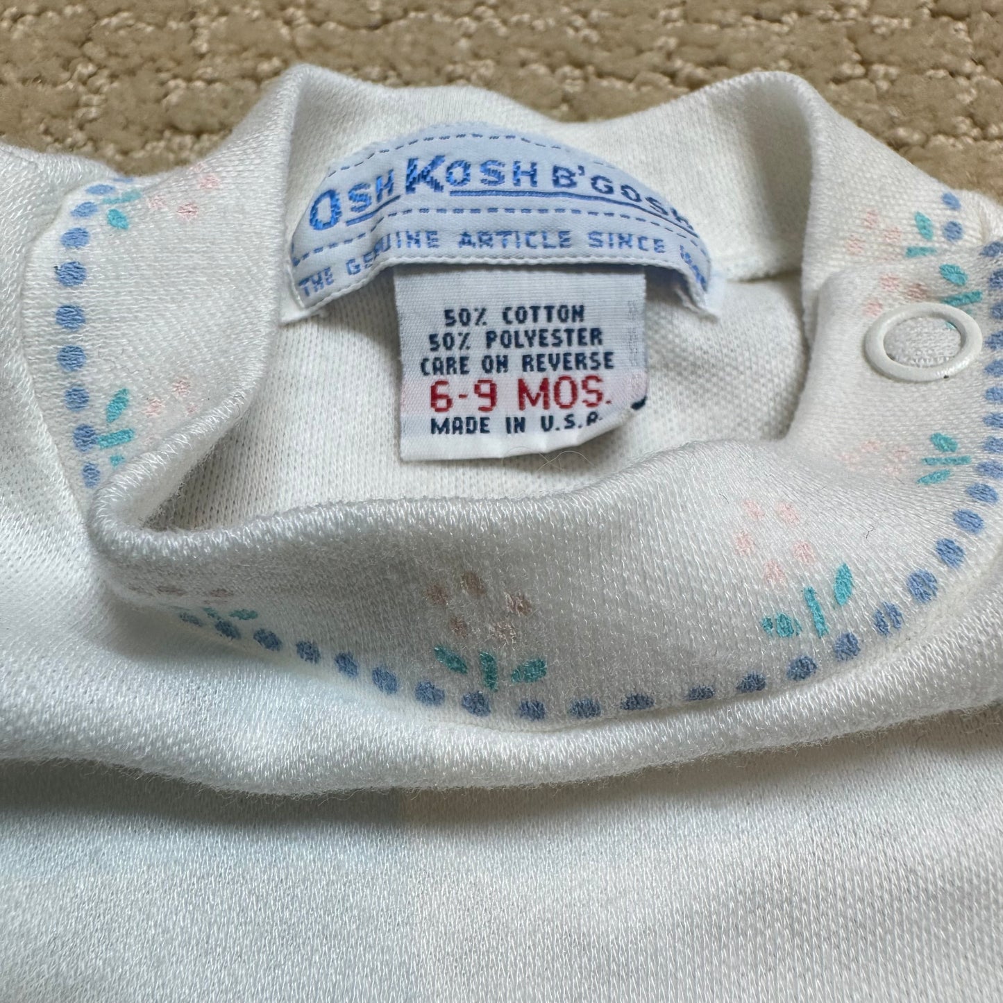 90s Kids Toddler Infant Vintage Baby B’Gosh Oshkosh 2 Piece Set Turquoise Overall White Ruffle T-shirt With Floral Accents /6m 9m / Made in USA