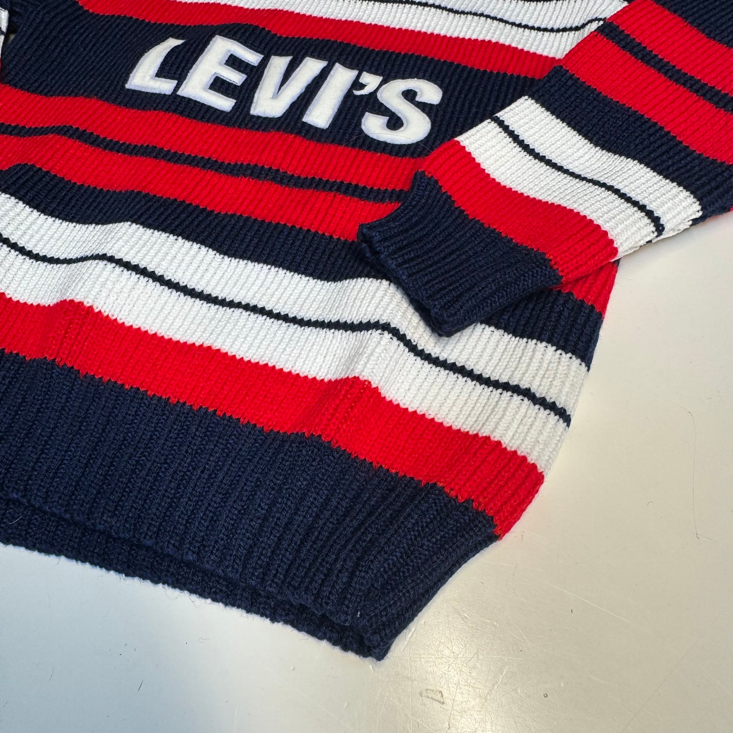 80s Vintage Kids Big  Logo Levi’s Knit Striped Navy White Red Pullover Long Sleeve Sweater 4Y 5Y 6Y
