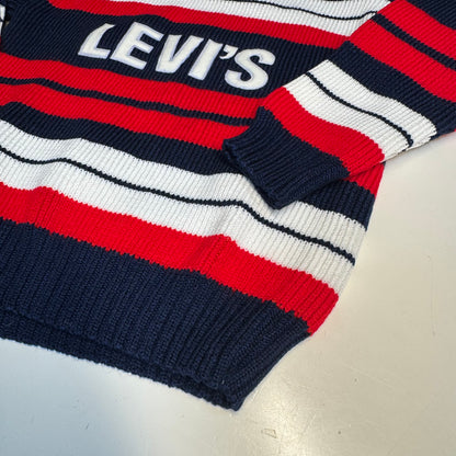 80s Vintage Kids Big  Logo Levi’s Knit Striped Navy White Red Pullover Long Sleeve Sweater 4Y 5Y 6Y