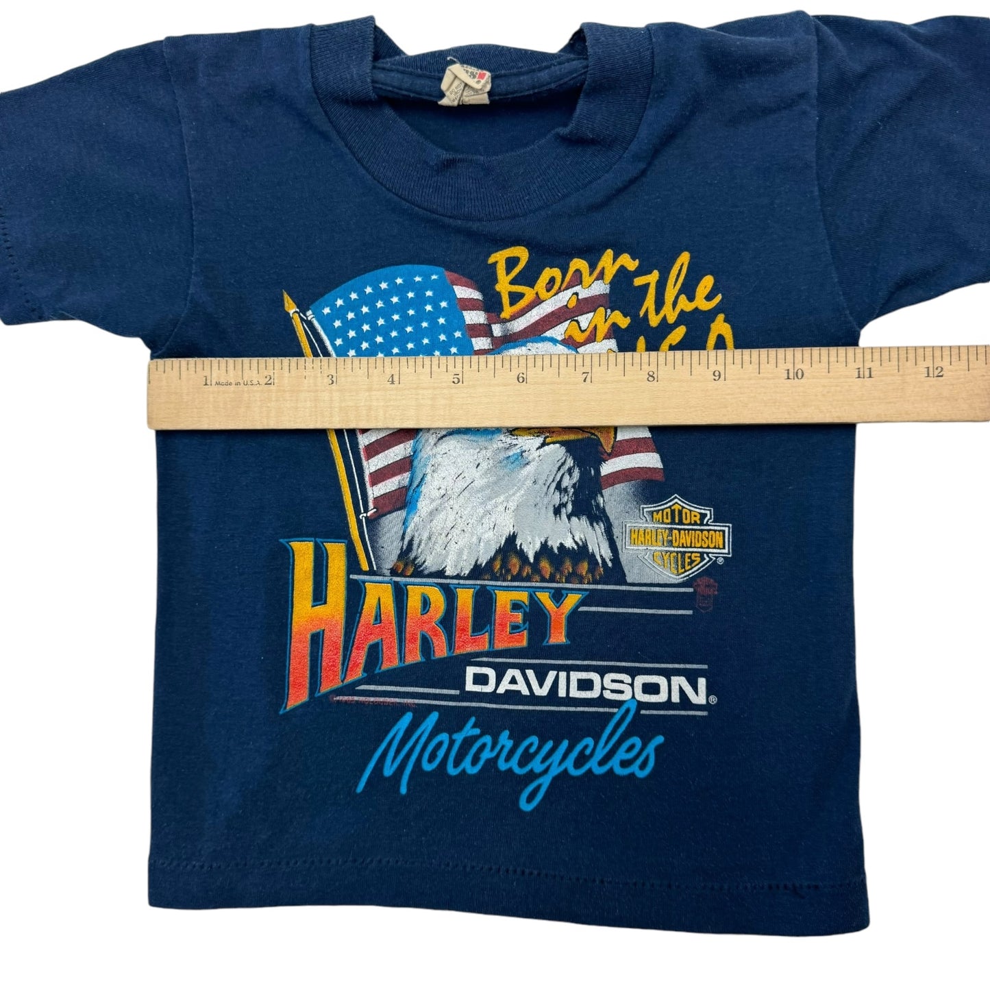 1985 Kids Toddler Vintage Harley Davidson Born in the USA Navy 50/50 T-Shirt 18m 24m 2Y 3Y 4Y