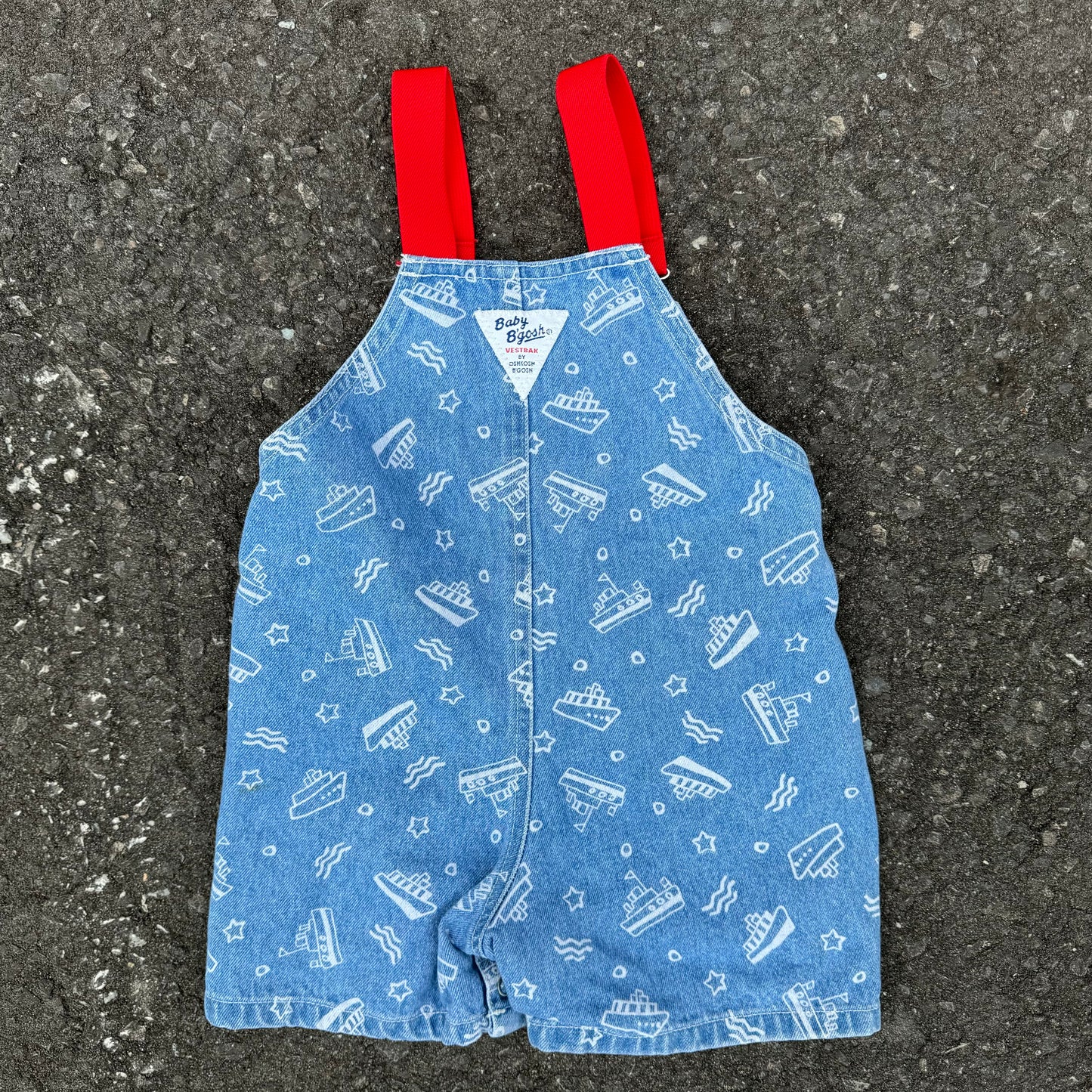 Vintage Kids Oshkosh Denim Sailboats Shortalls With Elastic Shoulder Straps( Suspender) 6/9mns