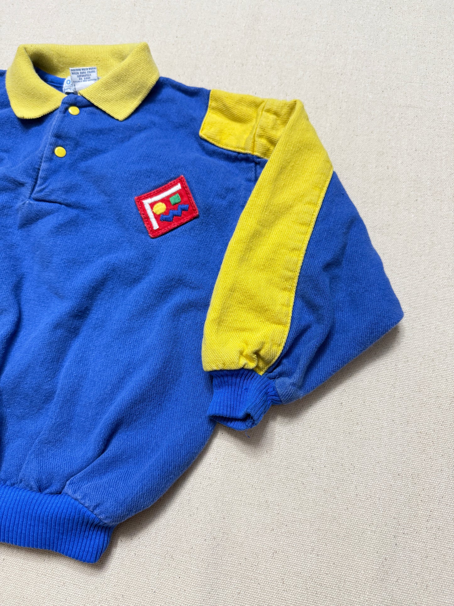 80s 90s Kids Toddler Vintage Oshkosh Bgosh Blue Yellow Snap Collared Longsleeve Cotton Top / 3T 4T / Made in USA