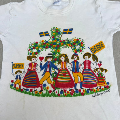 70s Kids Vintage Sweden Cute Print Design Off White Short Sleeve T-Shirt Made in Sweden 3Y 4Y 5Y