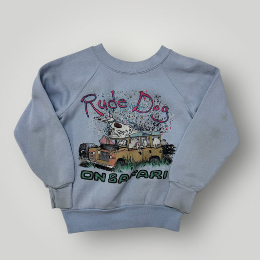 90s Kids Vintage Rude Dog On Safari Light Blue Crew Sweatshirt 6Y 7Y 8Y