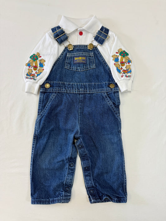 90s Kids Infant Baby Vintage Oshkosh Bgosh Denim Overall and Bears Print Longsleeve Polo Top 2pc Set / 3m 6m 9m / Made in USA