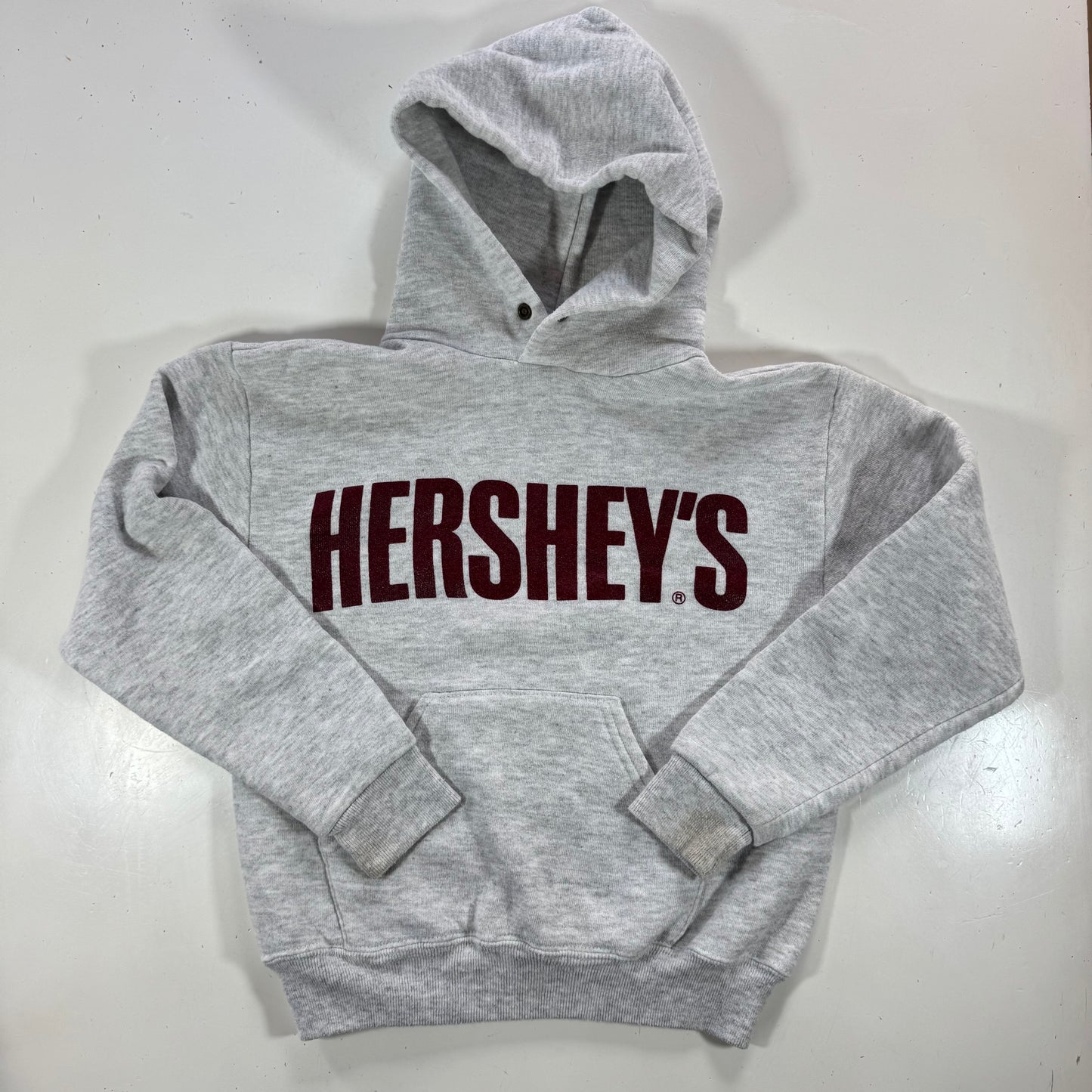 90s Kids Russell Light Gray Hooded Pullover Sweatshirt Hershey Big Logo M 10Y 11Y 12Y Made is USA