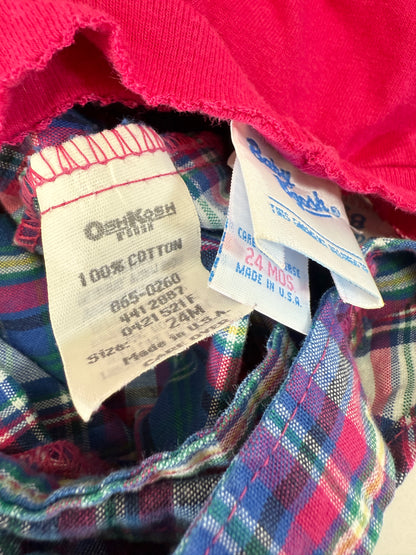 90s Kids Toddler Infant Vintage Baby Bgosh Oshkosh Bgosh Plaid Check Pink Tshirt Overall 2pc Set / 12m 18m 24m / Made in USA