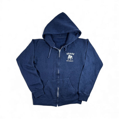 80s Kids Youth Vintage Drake University Flock Print Navy Zip Hooded Sweatshirt Made in USA L 14Y 16Y