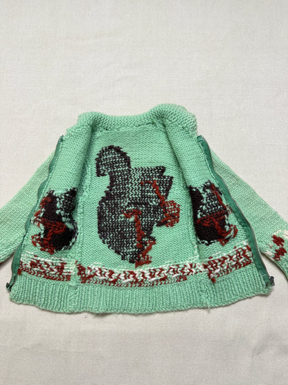 50s 60s Kids Toddler Vintage Mint Green Squirrel Lightning Zipper Cowichan Sweater / 3T 4T 5T