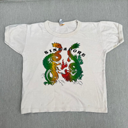70s Kids Vintage Singapore Dragons Print on a Beige Short Sleeve T-Shirt 5Y 6Y