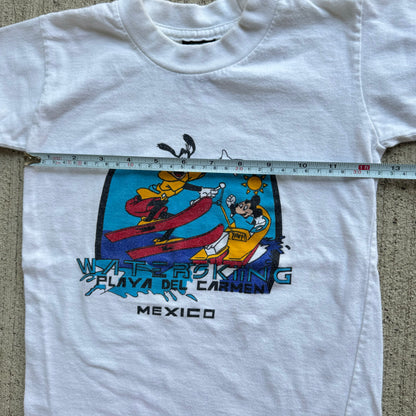 90s Kids Vintage Disney Mickey and Goofy Waterskiing Mexico Souvenir White T-Shirt 2Y 3Y 4Y