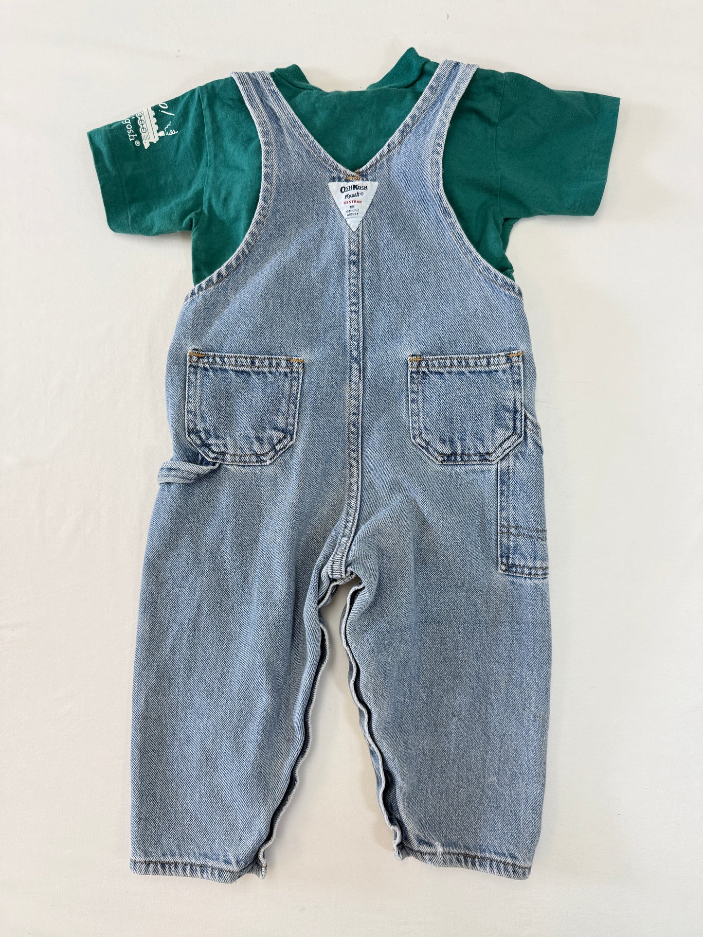 90s Kids Toddler Infant Vintage Oshkosh Bgosh Tshirt and Denim Overall 2pc Set / 12m 18m 24m / Made in USA set