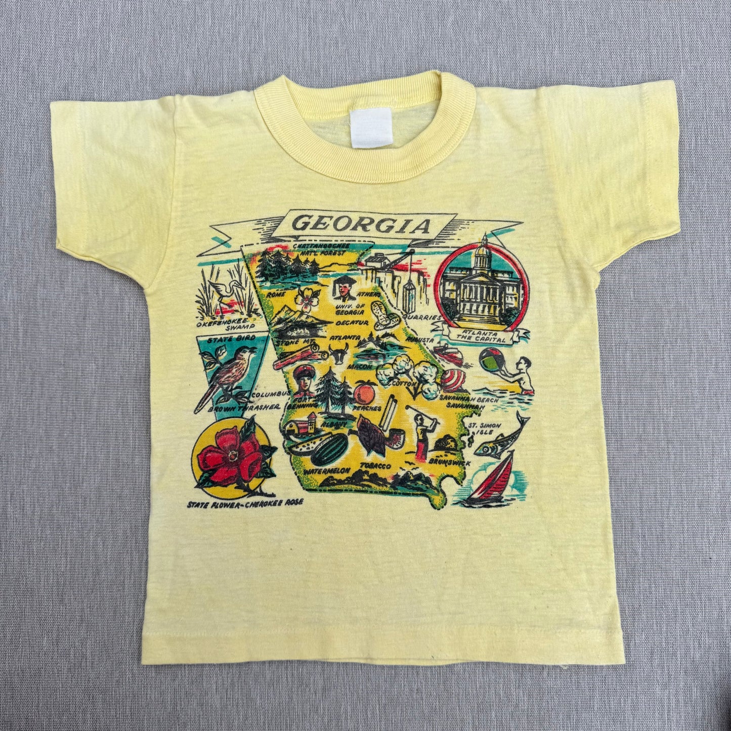 70s Kids Toddler Vintage Georgia State Print Souvenir Light Yellow Single Stitch Short Sleeve T-Shirt 2T 3T