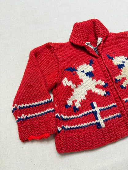 50s 60s Kids Toddler Vintage Lamb Emboridered Red Flash Zipper Shawl Collar Cowichan Sweater / 4T 5y 6y