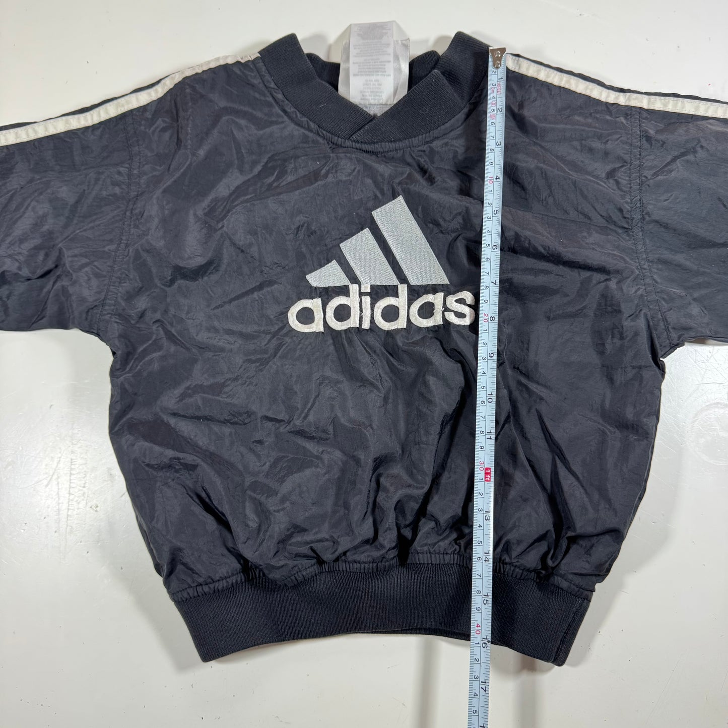 90s Vintage Adidas Kids Toddler Black Lined Pullover Sleeves Striped Windbreaker Sweatshirt Jacket Big Logo S 4T