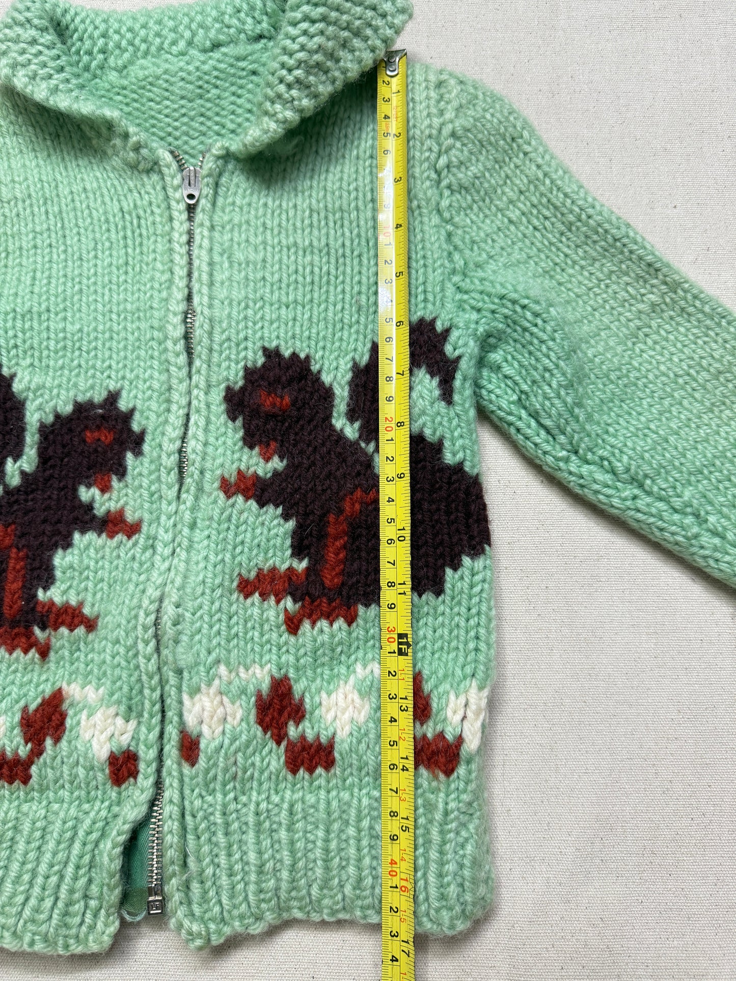 50s 60s Kids Toddler Vintage Mint Green Squirrel Lightning Zipper Cowichan Sweater / 3T 4T 5T