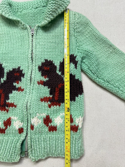 50s 60s Kids Toddler Vintage Mint Green Squirrel Lightning Zipper Cowichan Sweater / 3T 4T 5T