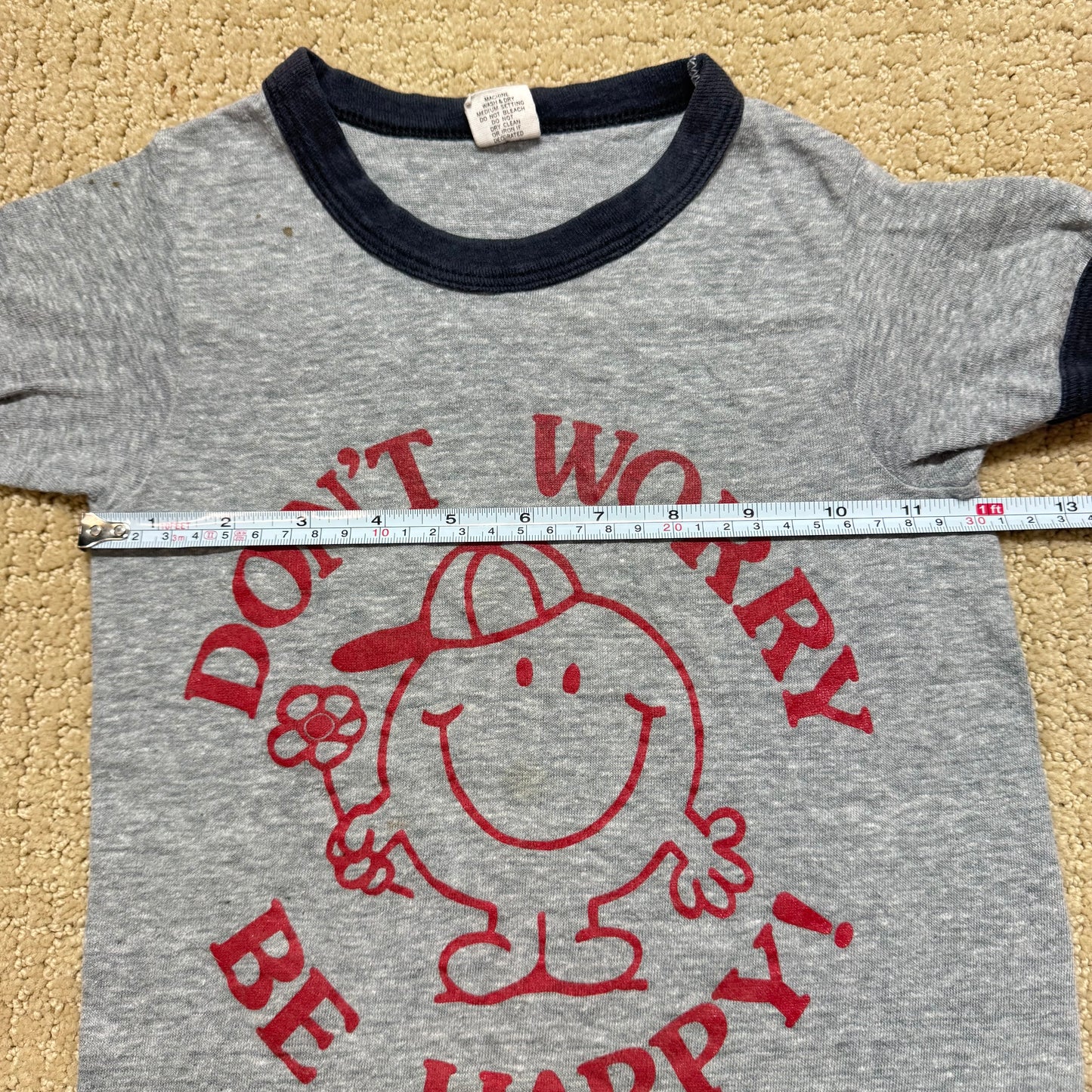 70s Kids Toddler Vintage Gray Hanes Ringer “Don’t Work Be Happy! “ Short Sleeve S 6Y 7Y 8Y Made in USA