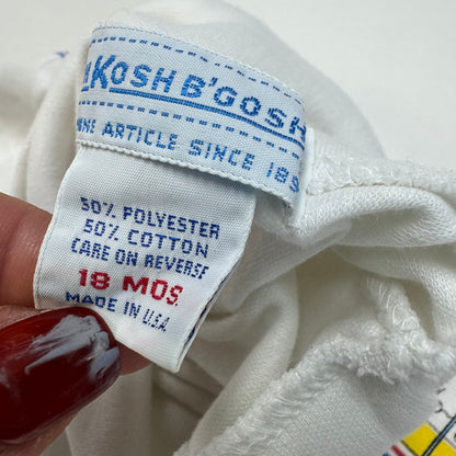 90s Kids Toddler Infant Vintage Baby B’Gosh Oshkosh White Long Sleeve Holiday Race car Print On Sleeves //18m / Made in USA