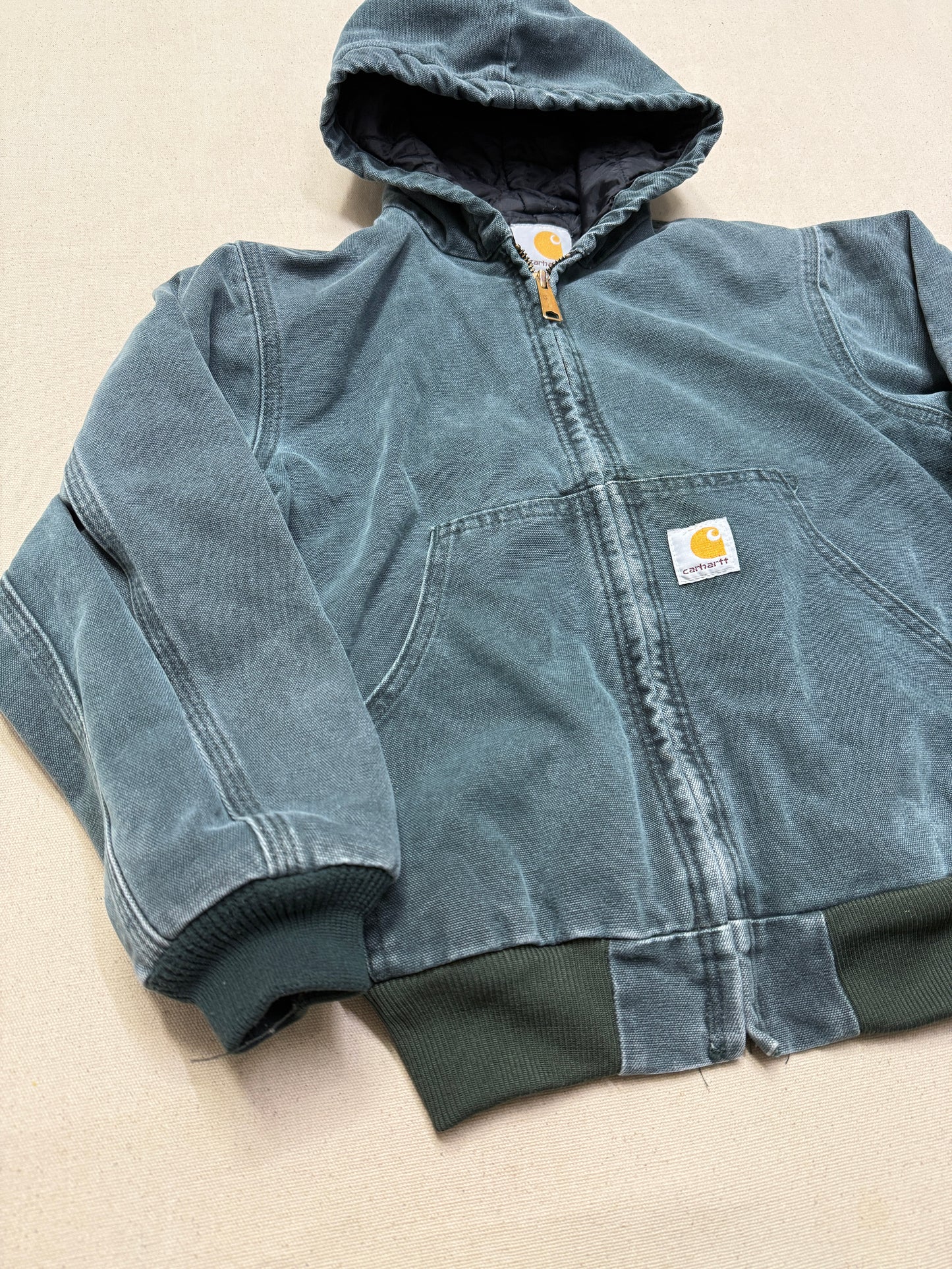 2002 Kids Youth Vintage Carhartt Dark Green Quilted Lined Hooded Active Jacket / 7y 8y 9y