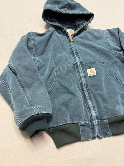 2002 Kids Youth Vintage Carhartt Dark Green Quilted Lined Hooded Active Jacket / 7y 8y 9y