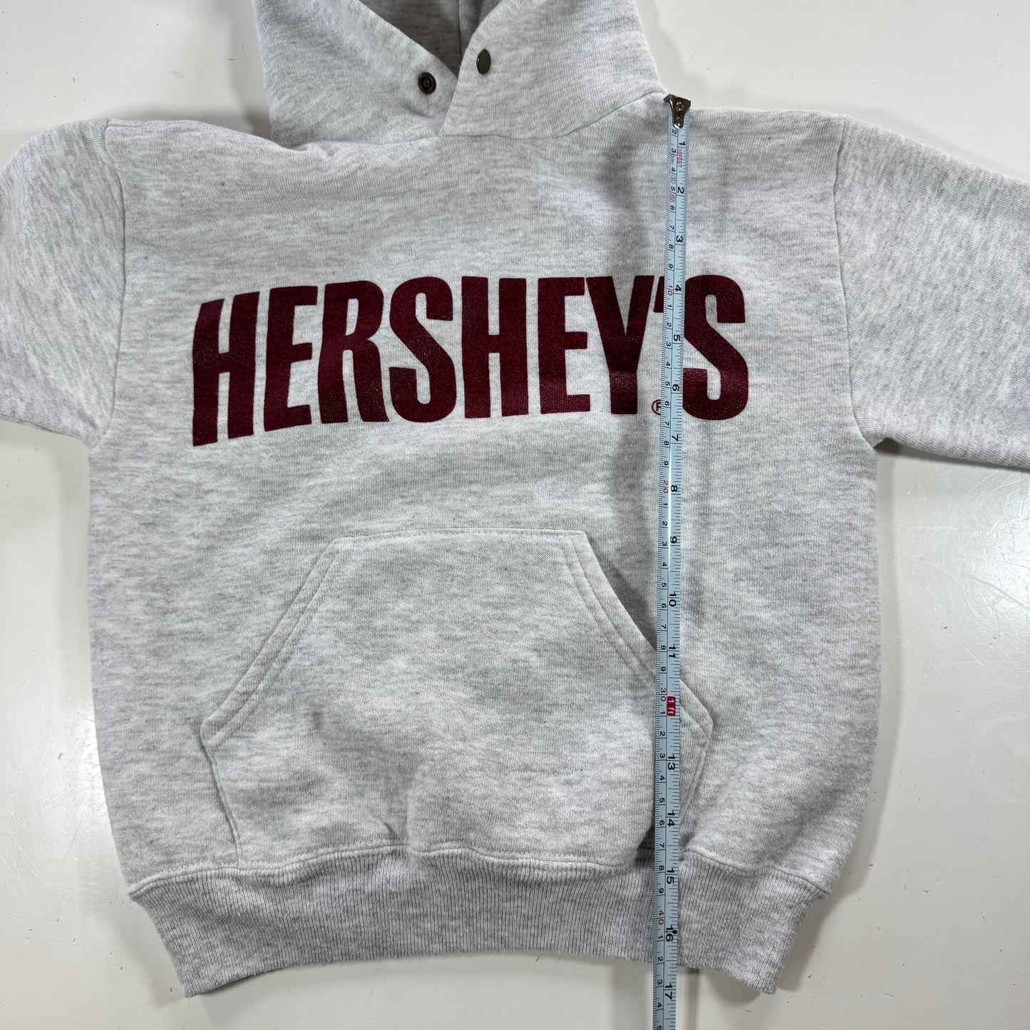 90s Kids Russell Light Gray Hooded Pullover Sweatshirt Hershey Big Logo M 10Y 11Y 12Y Made is USA