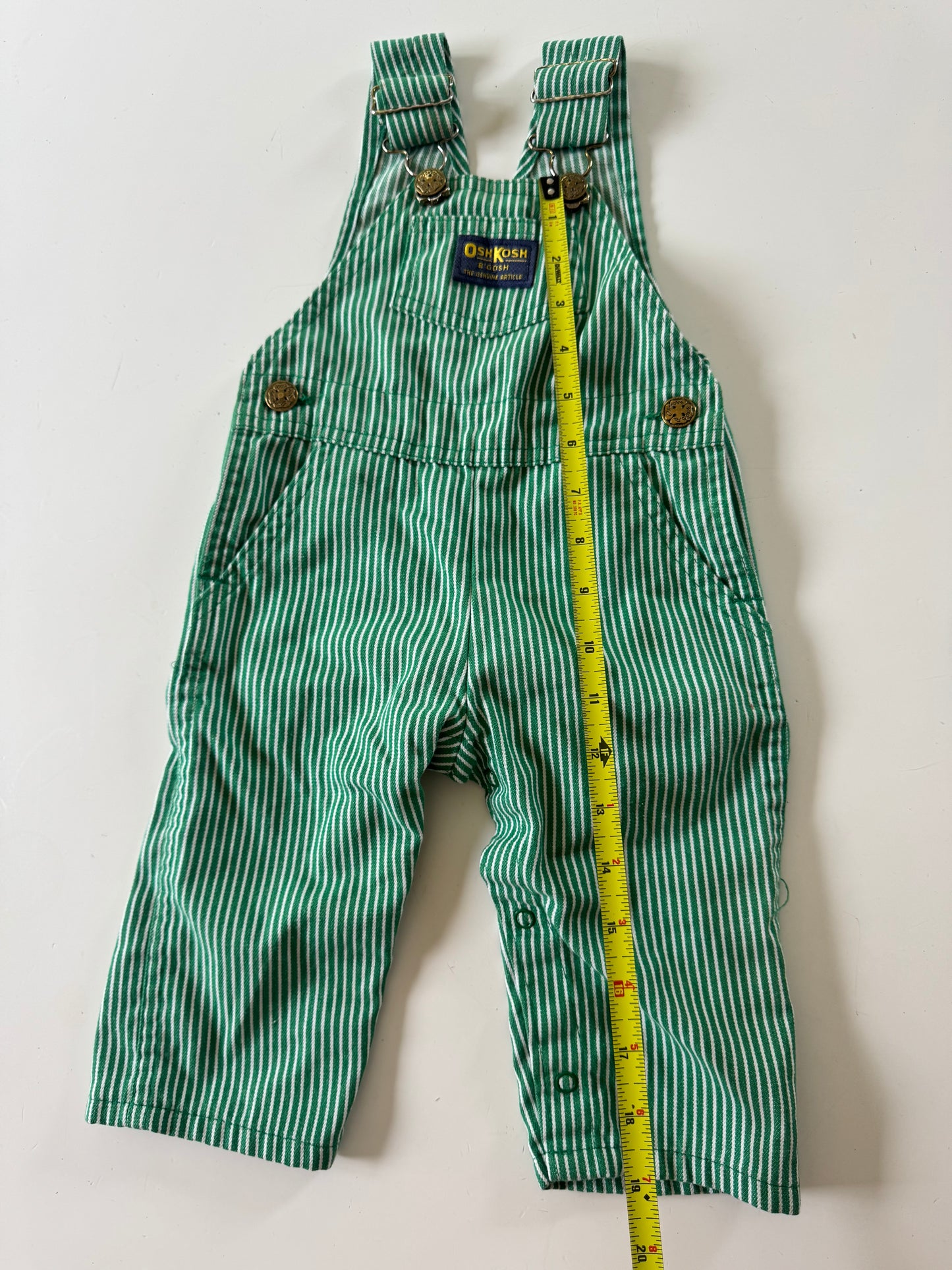 90s Kids Toddler Infant Vintage Baby B’Gosh Oshkosh Green White Stripe Overall //12m / Made in USA