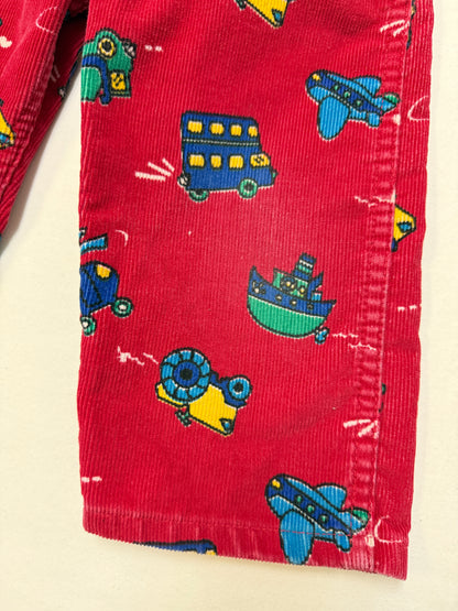 90s Kids Toddler Vintage Oshkosh Bgosh Red Cordury Plane Helicopter Tractor Bus AOP Cotton Overall / 2T/ Made in Canada