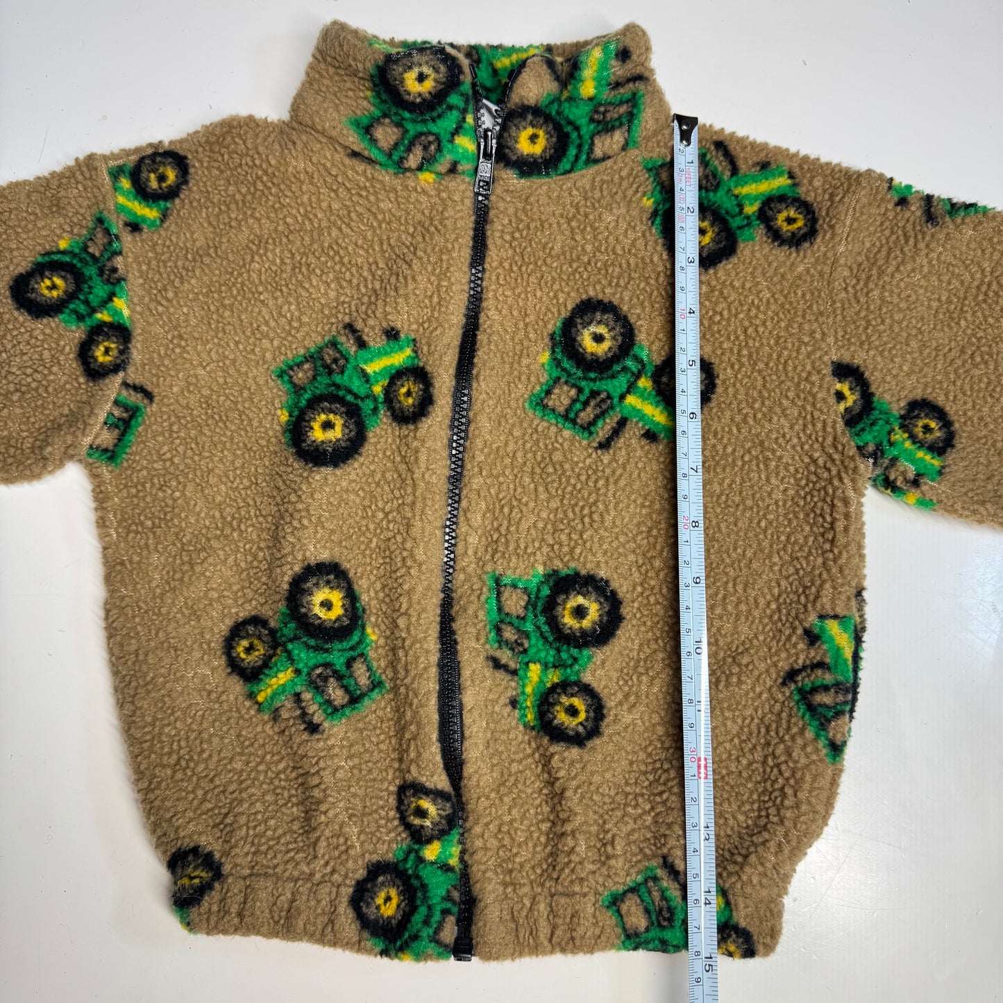 90s 2000s Kids Toddler Vintage Beige Khaki Deep Pile Zip Fleece Tractor AOP With Pockets Made in USA 3T