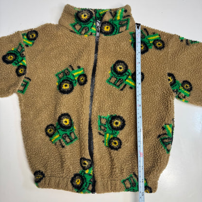 90s 2000s Kids Toddler Vintage Beige Khaki Deep Pile Zip Fleece Tractor AOP With Pockets Made in USA 3T