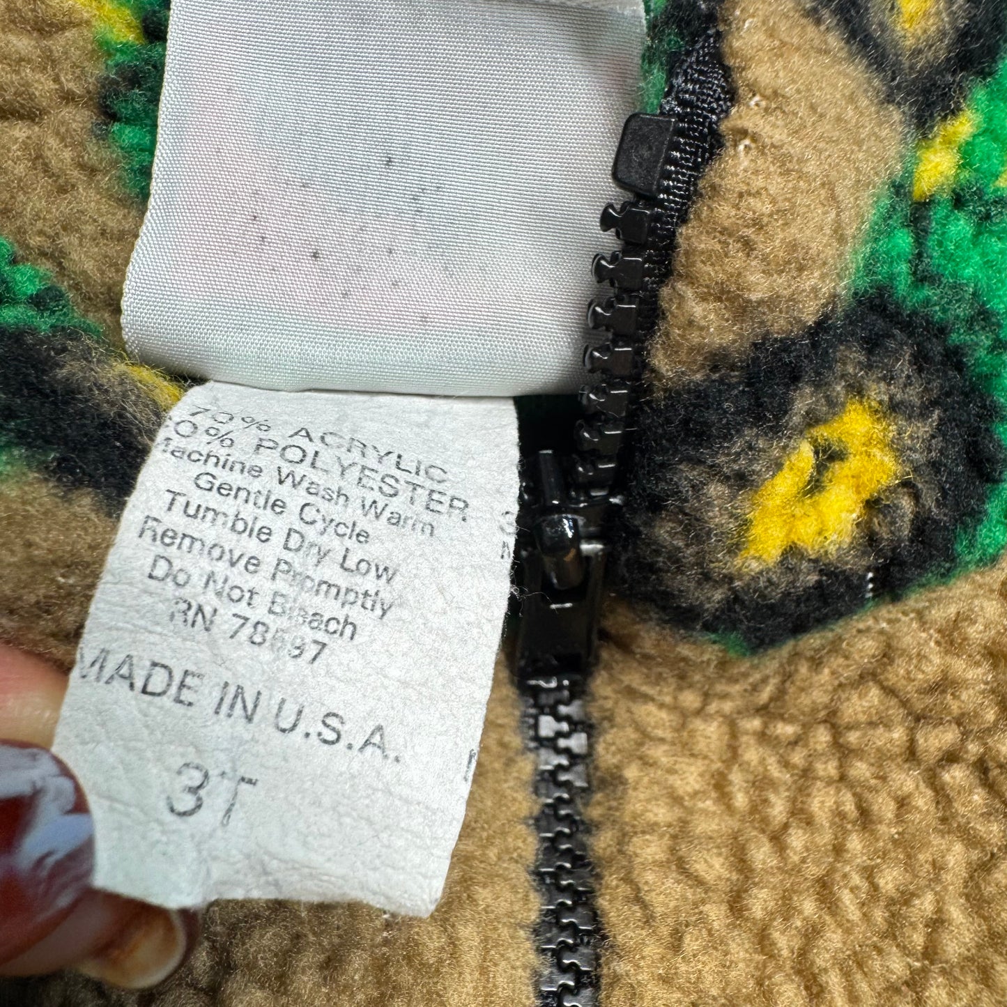 90s 2000s Kids Toddler Vintage Beige Khaki Deep Pile Zip Fleece Tractor AOP With Pockets Made in USA 3T