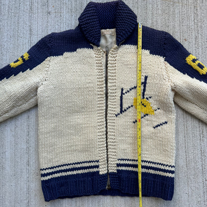 Vintage Kids Youth Cream Lined Cowichan Zip Wool Cardigan #66 Football Player 8Y 9Y 10Y