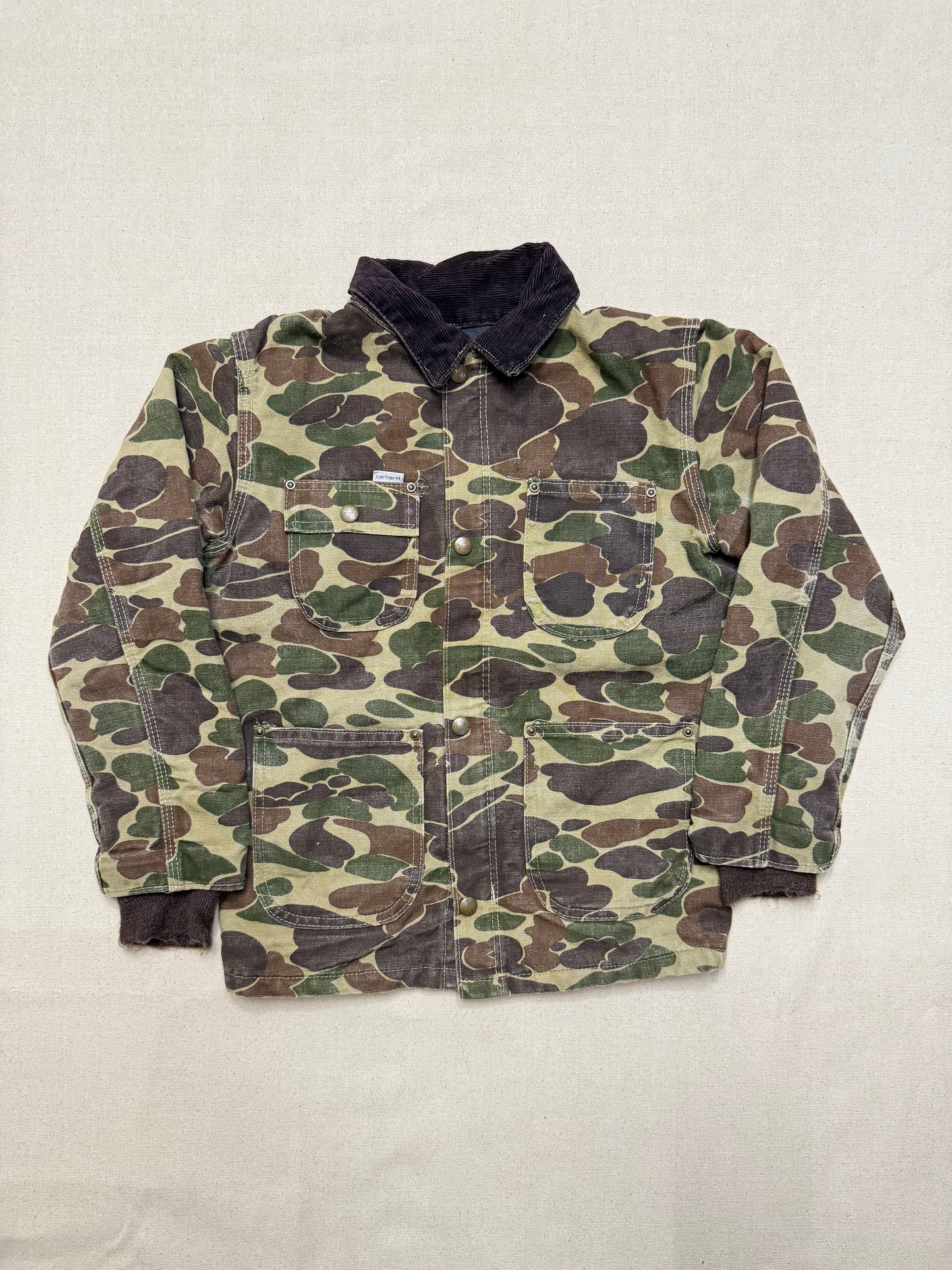80s Kids Youth Vintage Carhartt Rare Duck Hunting Camo Corduroy Collar Quilt Lined Jacket / 7y 8y 9y